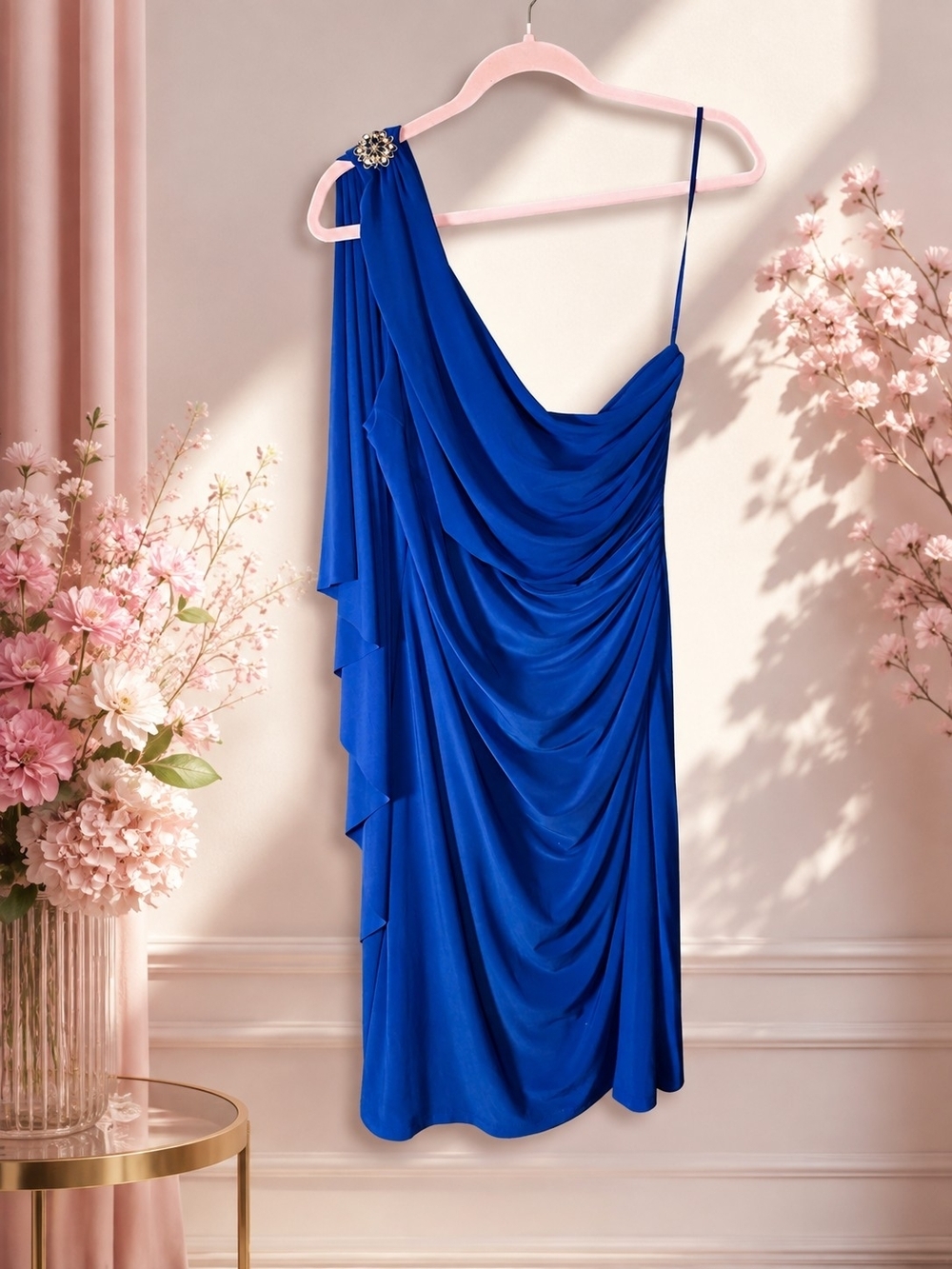 Lauren Ralph Lauren Plus Size 18 Cobalt Blue One-Shoulder Draped Gown Dress